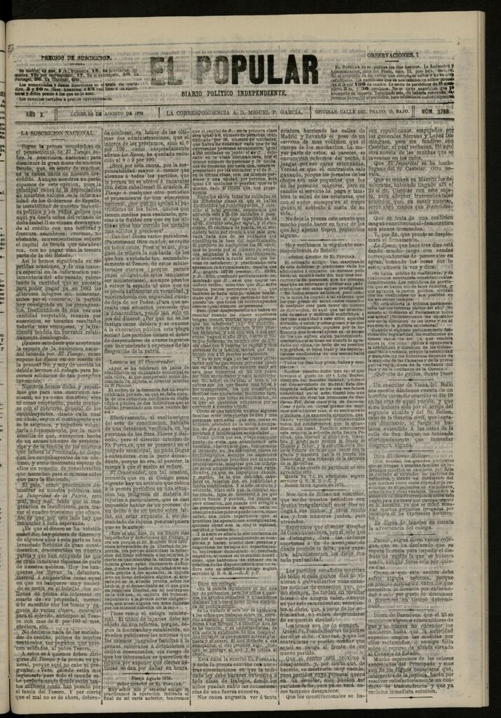 Miniatura de El Popular: diario independiente, político, literario y de noticias de interés general del 26 de agosto de 1878, nº 2768