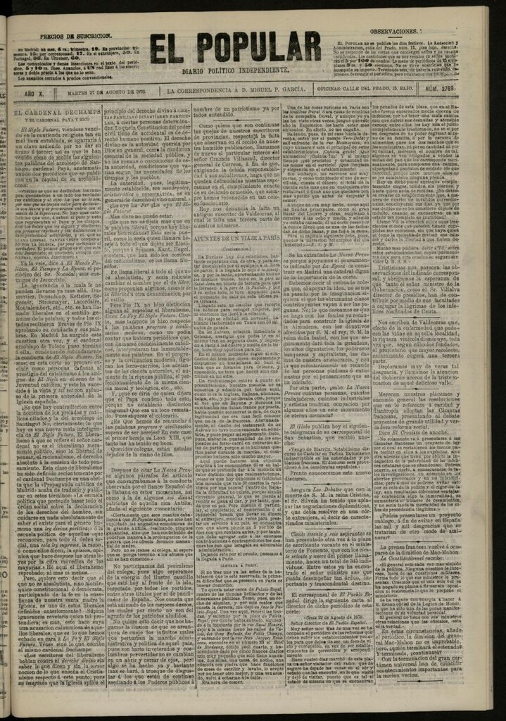 Miniatura de El Popular: diario independiente, político, literario y de noticias de interés general del 27 de agosto de 1878, nº 2769