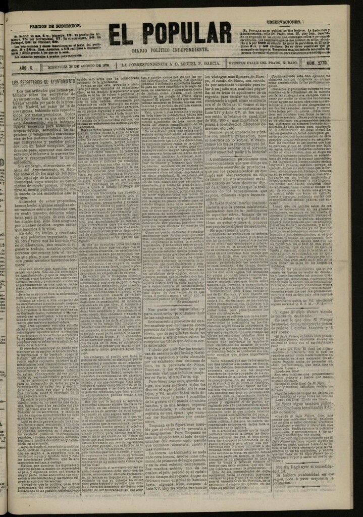Miniatura de El Popular: diario independiente, político, literario y de noticias de interés general del 28 de agosto de 1878, nº 2770