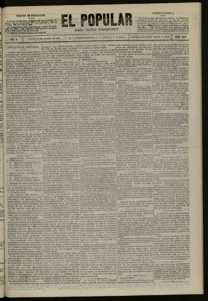 Miniatura de El Popular: diario independiente, político, literario y de noticias de interés general del 29 de agosto de 1878, nº 2771