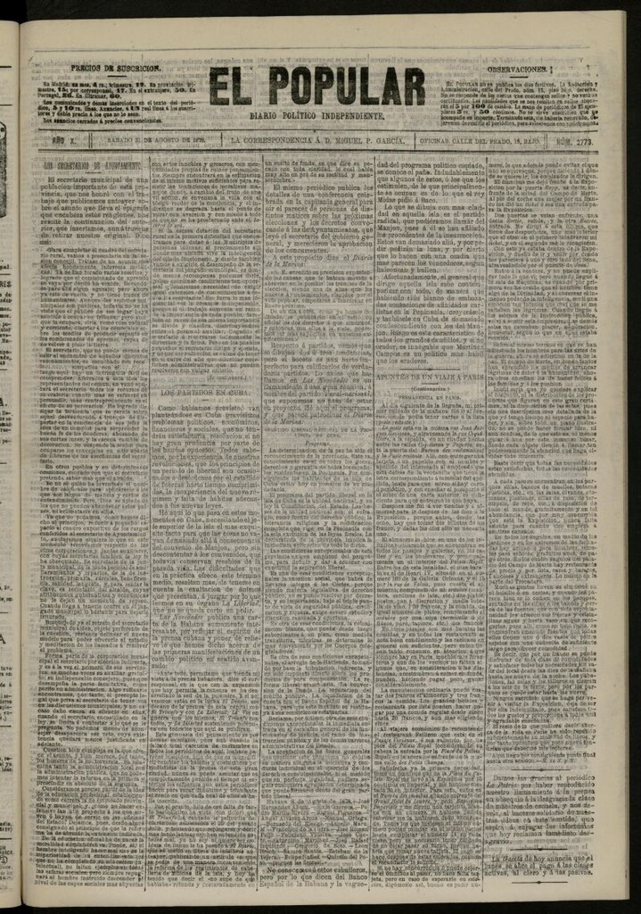 Miniatura de El Popular: diario independiente, político, literario y de noticias de interés general del 31 de agosto de 1878, nº 2773