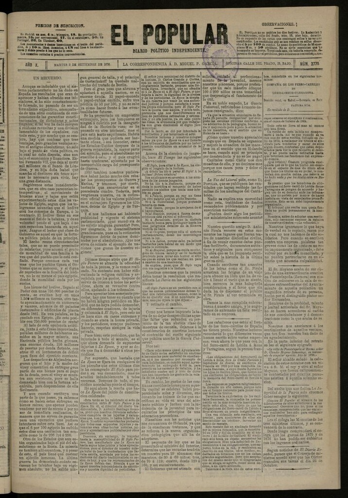 Miniatura de El Popular: diario independiente, político, literario y de noticias de interés general del 3 de septiembre de 1878, nº 2775