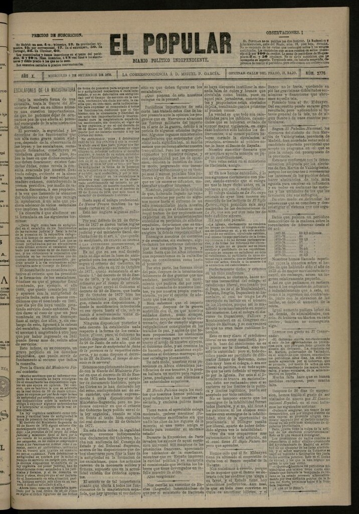 Miniatura de El Popular: diario independiente, político, literario y de noticias de interés general del 4 de septiembre de 1878, nº 2776