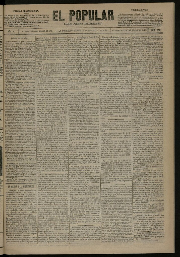 Miniatura de El Popular: diario independiente, político, literario y de noticias de interés general del 10 de septiembre de 1878, nº 2781