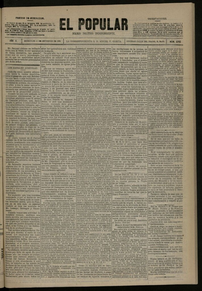 Miniatura de El Popular: diario independiente, político, literario y de noticias de interés general del 11 de septiembre de 1878, nº 2782