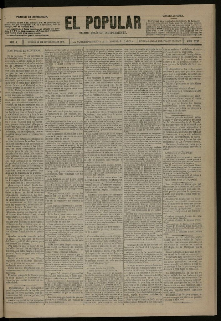 Miniatura de El Popular: diario independiente, político, literario y de noticias de interés general del 12 de septiembre de 1878, nº 2783