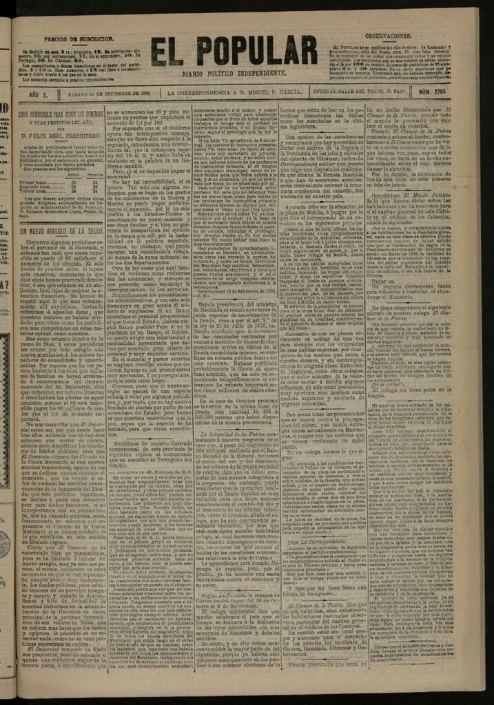 Miniatura de El Popular: diario independiente, político, literario y de noticias de interés general del 14 de septiembre de 1878, nº 2785
