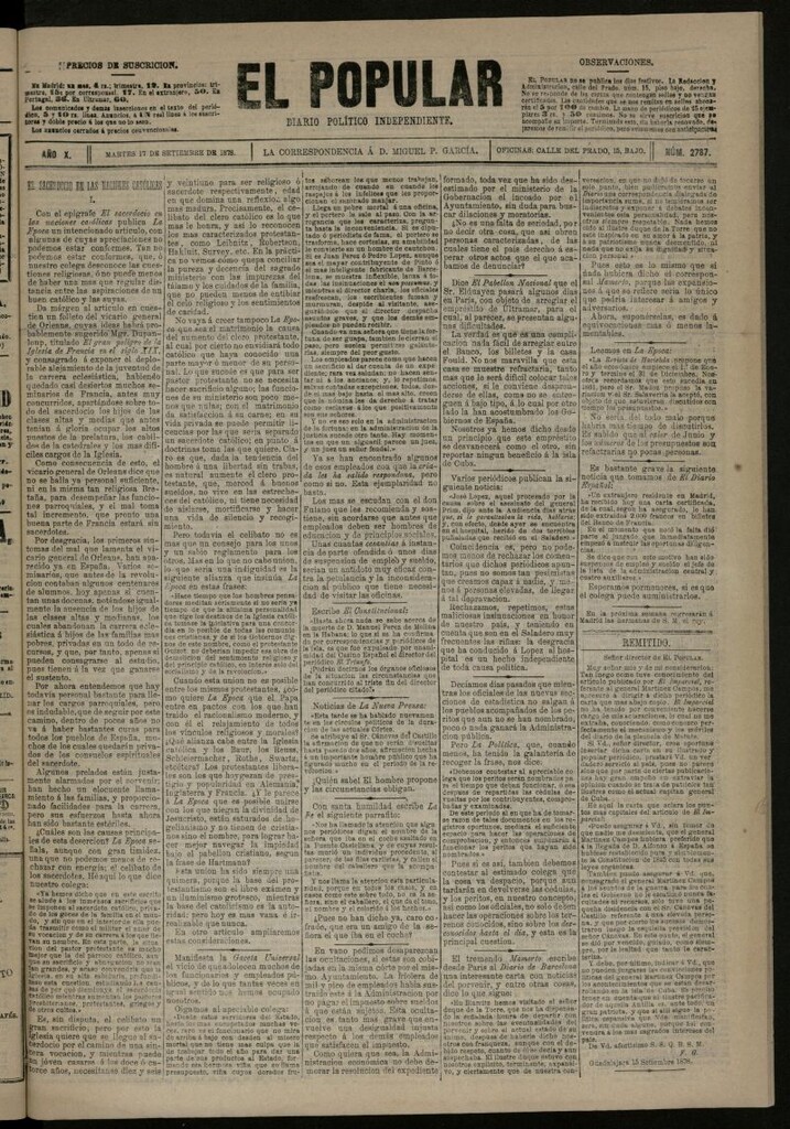 Miniatura de El Popular: diario independiente, político, literario y de noticias de interés general del 17 de septiembre de 1878, nº 2787