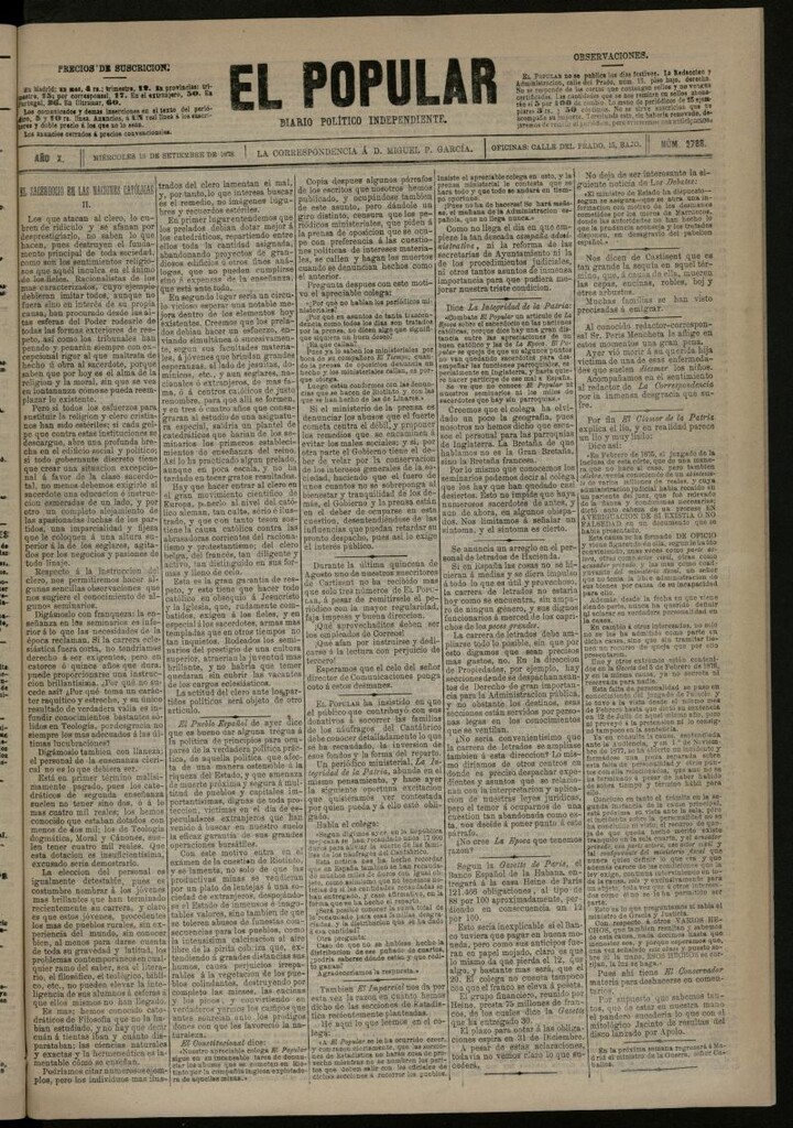 Miniatura de El Popular: diario independiente, político, literario y de noticias de interés general del 18 de septiembre de 1878, nº 2788