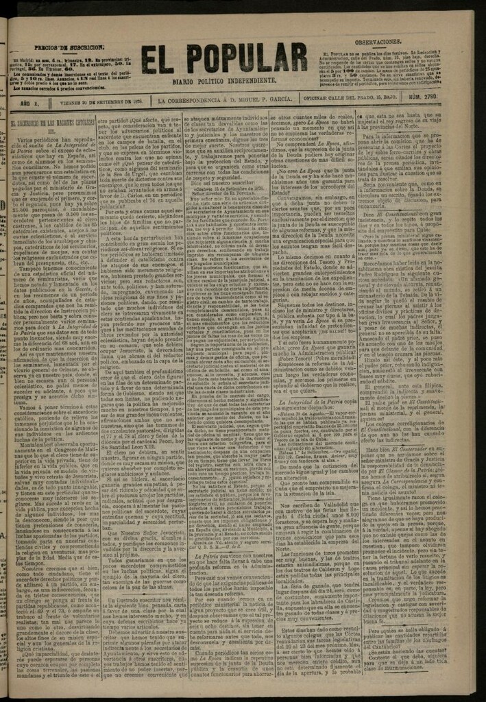 Miniatura de El Popular: diario independiente, político, literario y de noticias de interés general del 20 de septiembre de 1878, nº 2790