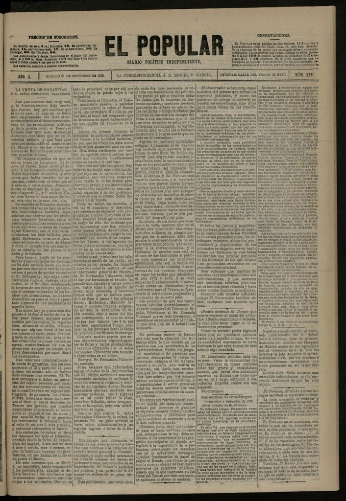 Miniatura de El Popular: diario independiente, político, literario y de noticias de interés general del 21 de septiembre de 1878, nº 2791