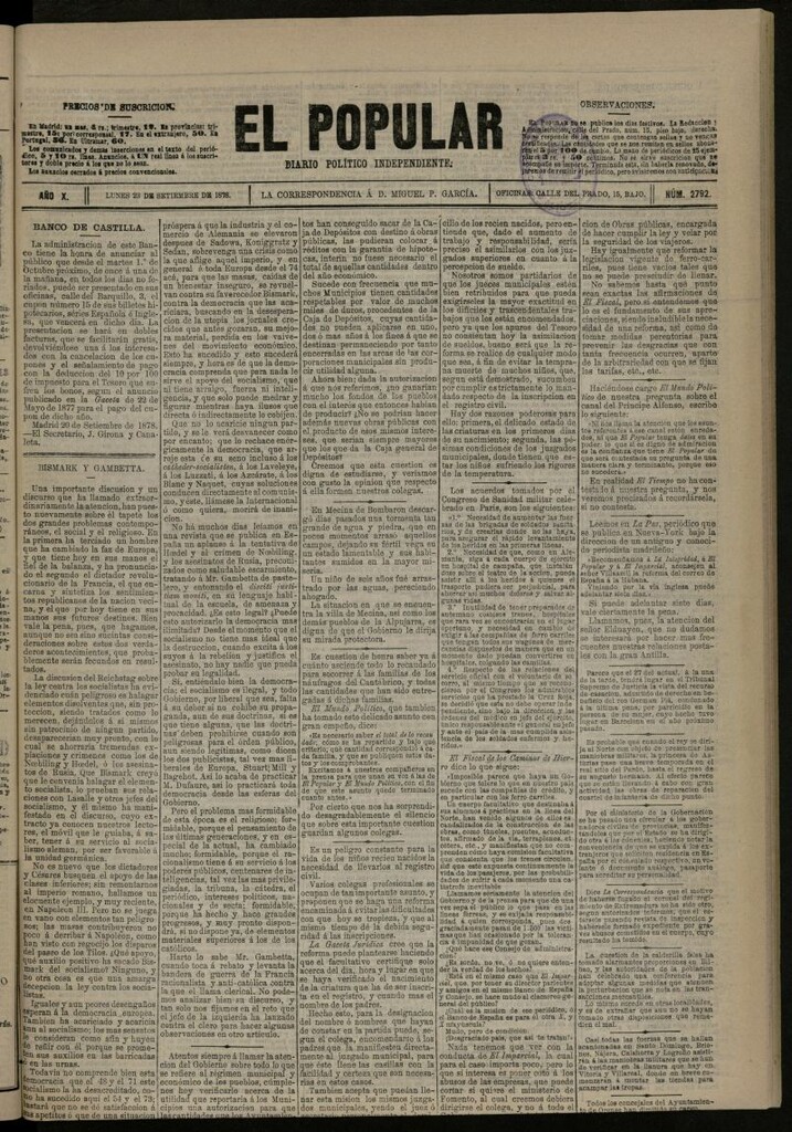 Miniatura de El Popular: diario independiente, político, literario y de noticias de interés general del 23 de septiembre de 1878, nº 2792