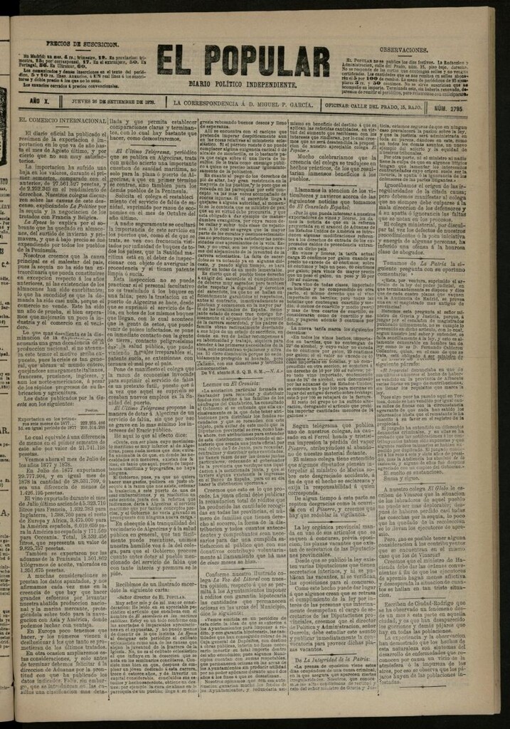 Miniatura de El Popular: diario independiente, político, literario y de noticias de interés general del 26 de septiembre de 1878, nº 2795