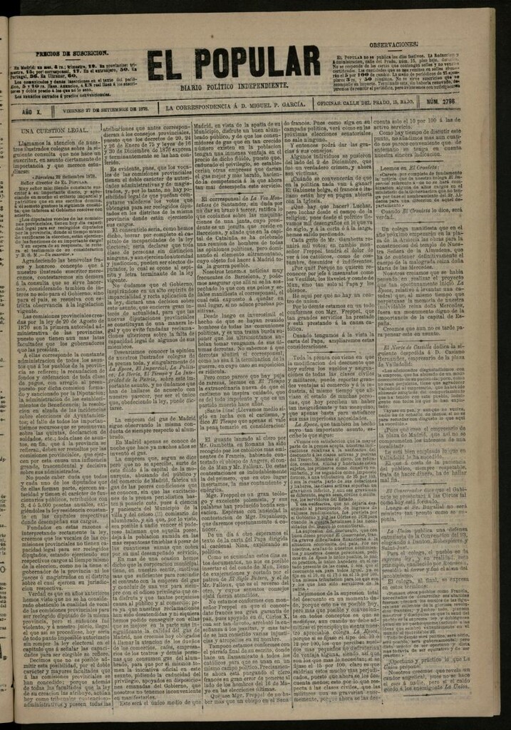 Miniatura de El Popular: diario independiente, político, literario y de noticias de interés general del 27 de septiembre de 1878, nº 2796
