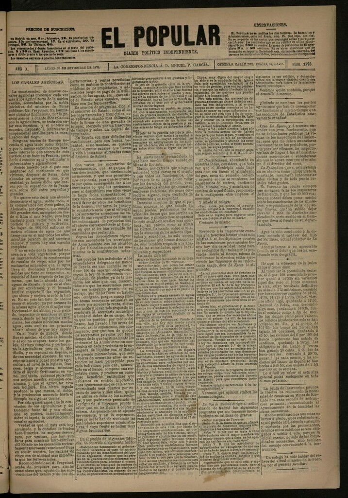 Miniatura de El Popular: diario independiente, político, literario y de noticias de interés general del 30 de septiembre de 1878, nº 2798