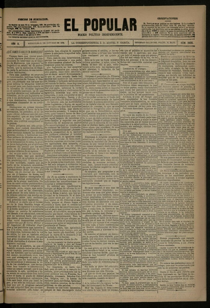 Miniatura de El Popular: diario independiente, político, literario y de noticias de interés general del 2 de octubre de 1878, nº 2800