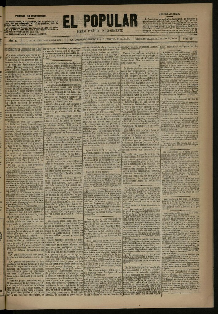 Miniatura de El Popular: diario independiente, político, literario y de noticias de interés general del 3 de octubre de 1878, nº 2801