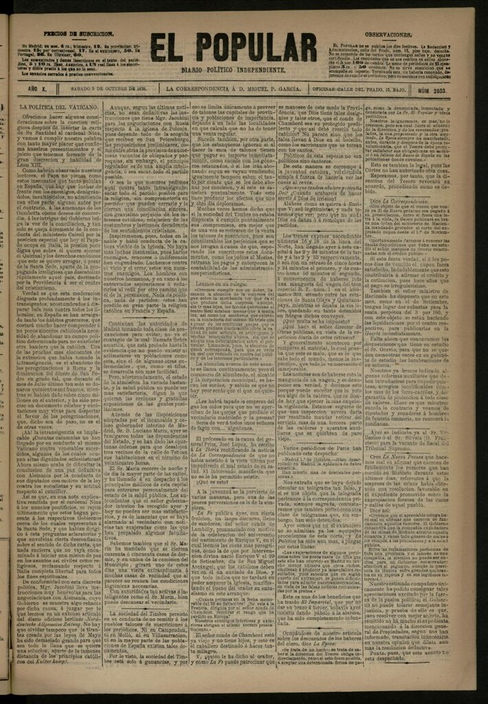 Miniatura de El Popular: diario independiente, político, literario y de noticias de interés general del 5 de octubre de 1878, nº 2803