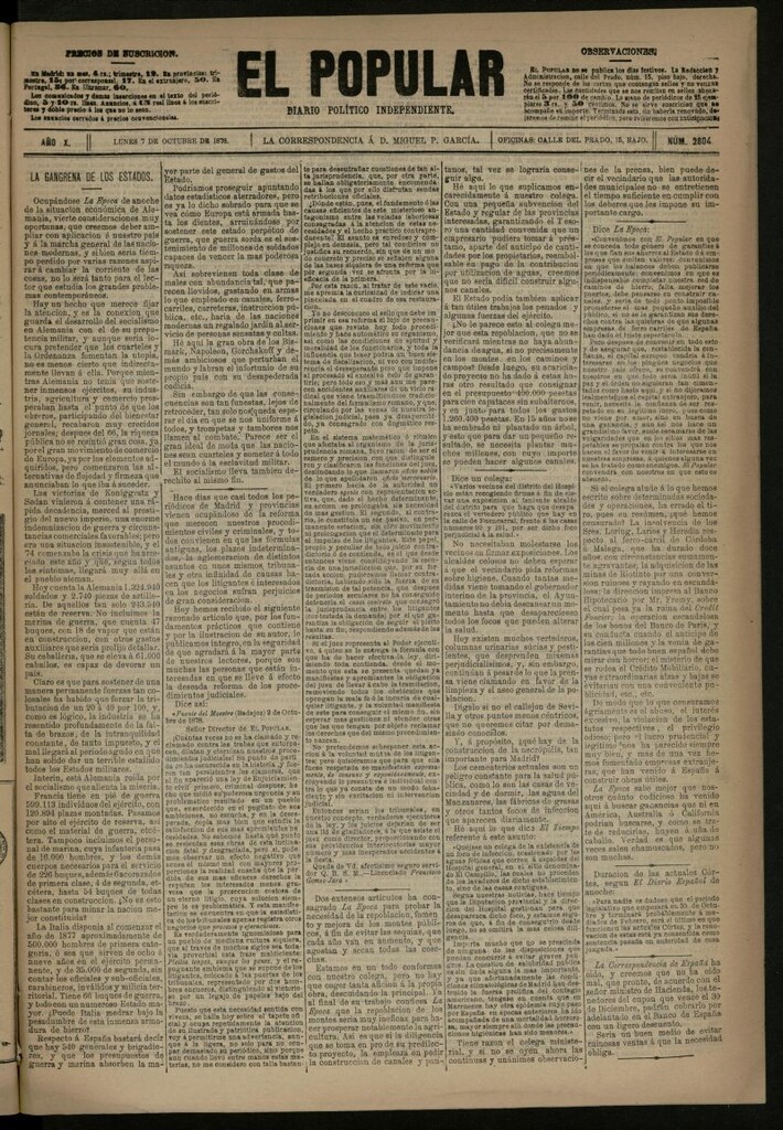 Miniatura de El Popular: diario independiente, político, literario y de noticias de interés general del 7 de octubre de 1878, nº 2804