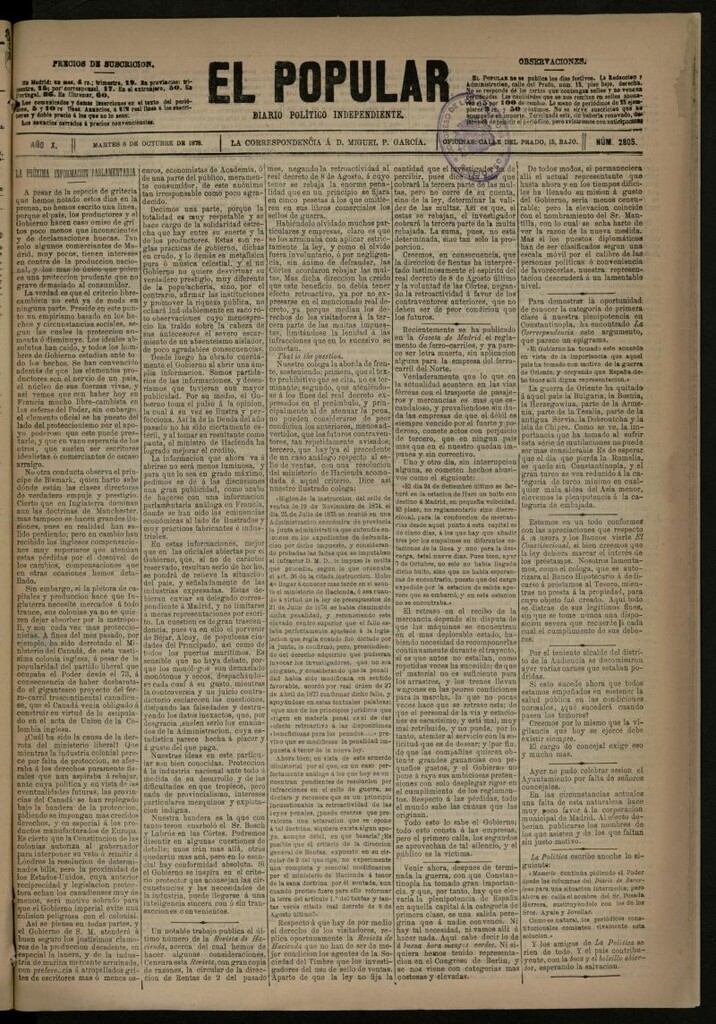 Miniatura de El Popular: diario independiente, político, literario y de noticias de interés general del 8 de octubre de 1878, nº 2805
