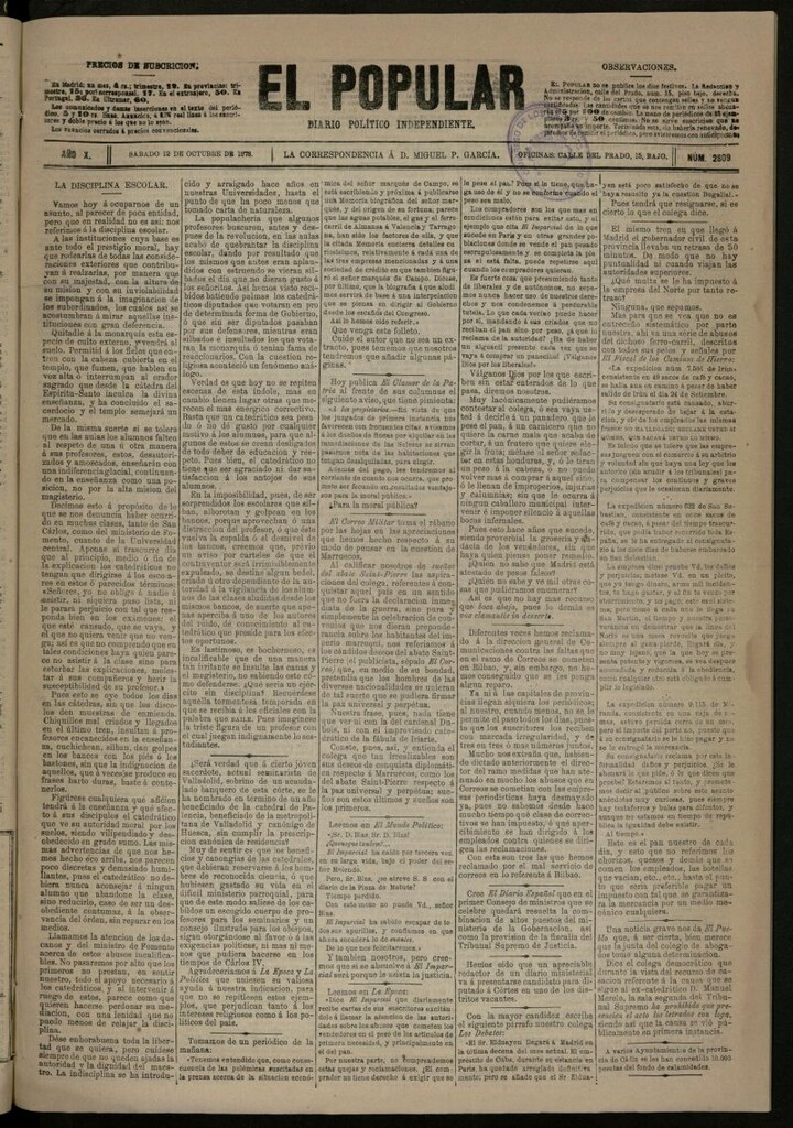 Miniatura de El Popular: diario independiente, político, literario y de noticias de interés general del 12 de octubre de 1878, nº 2809