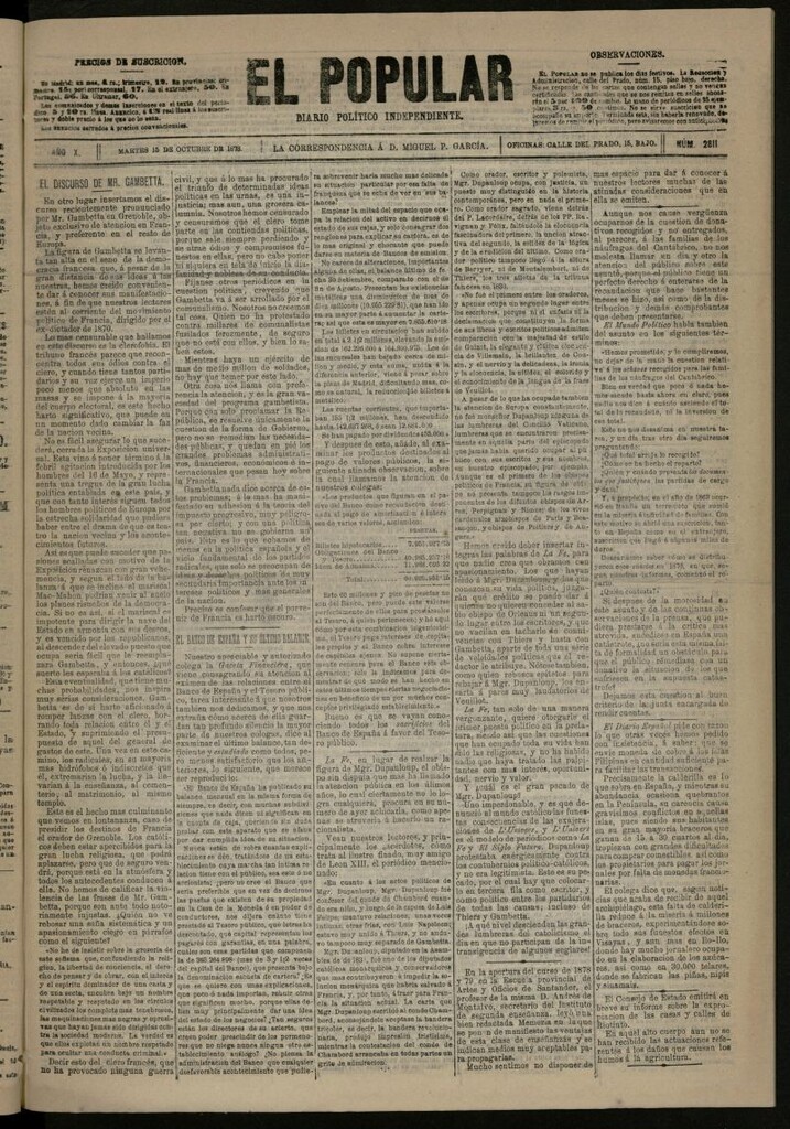 Miniatura de El Popular: diario independiente, político, literario y de noticias de interés general del 15 de octubre de 1878, nº 2811