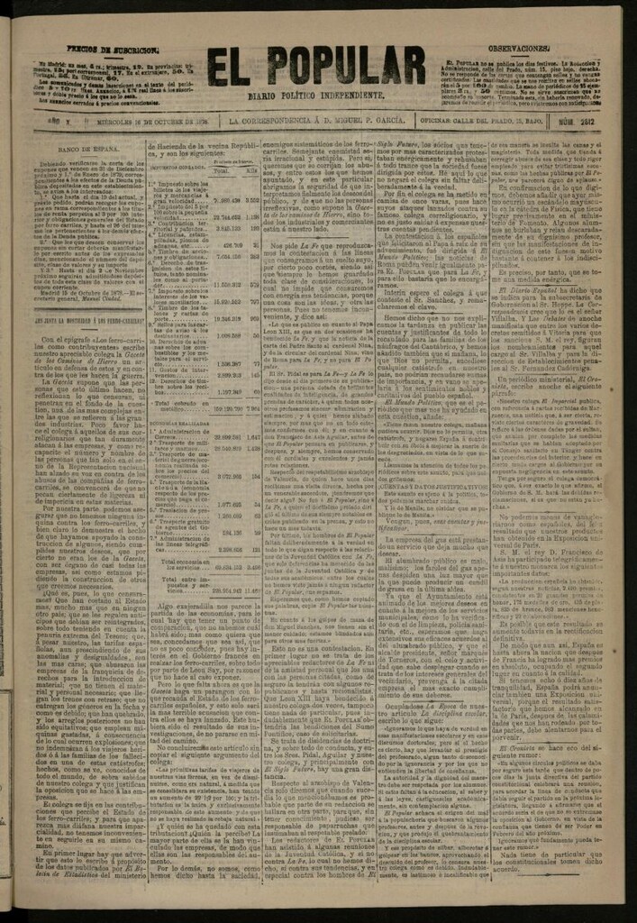 Miniatura de El Popular: diario independiente, político, literario y de noticias de interés general del 16 de octubre de 1878, nº 2812