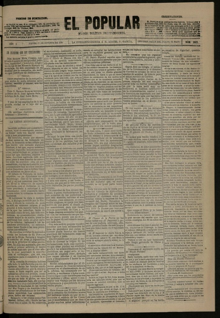 Miniatura de El Popular: diario independiente, político, literario y de noticias de interés general del 17 de octubre de 1878, nº 2813