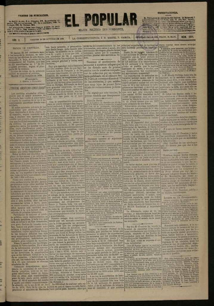 Miniatura de El Popular: diario independiente, político, literario y de noticias de interés general del 18 de octubre de 1878, nº 2814