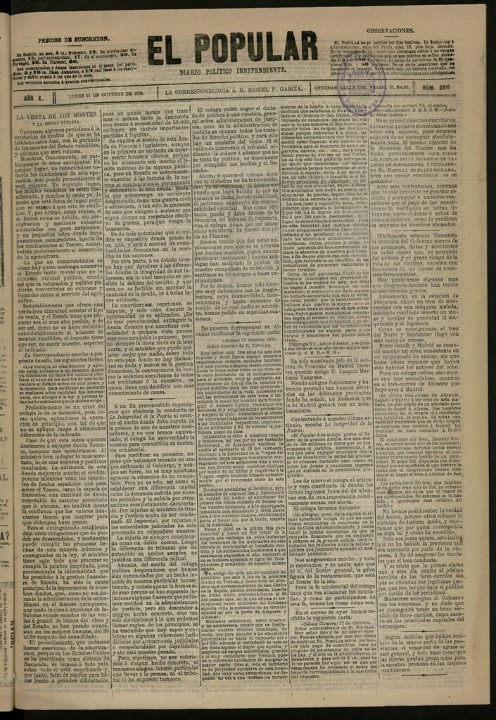 Miniatura de El Popular: diario independiente, político, literario y de noticias de interés general del 21 de octubre de 1878, nº 2816