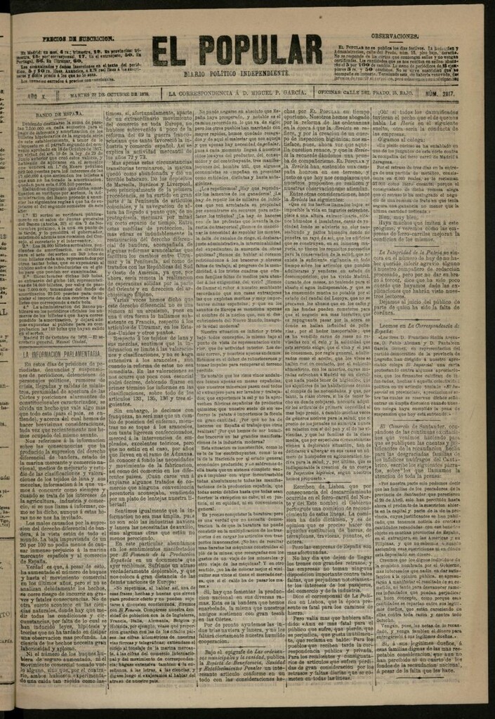 Miniatura de El Popular: diario independiente, político, literario y de noticias de interés general del 22 de octubre de 1878, nº 2817