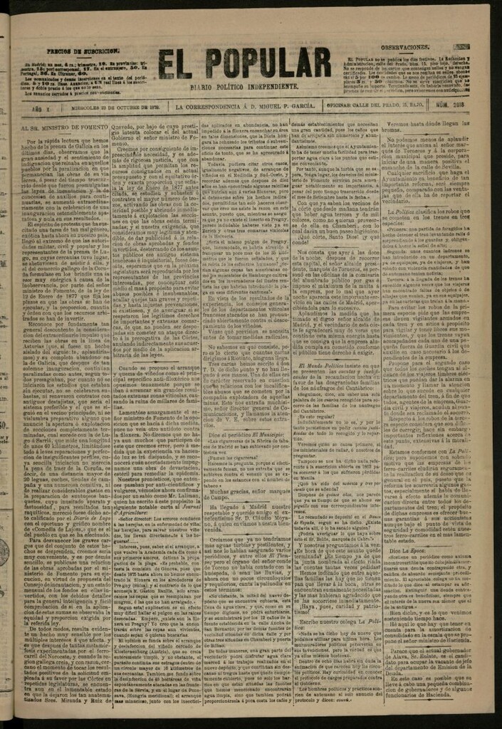 Miniatura de El Popular: diario independiente, político, literario y de noticias de interés general del 23 de octubre de 1878, nº 2818