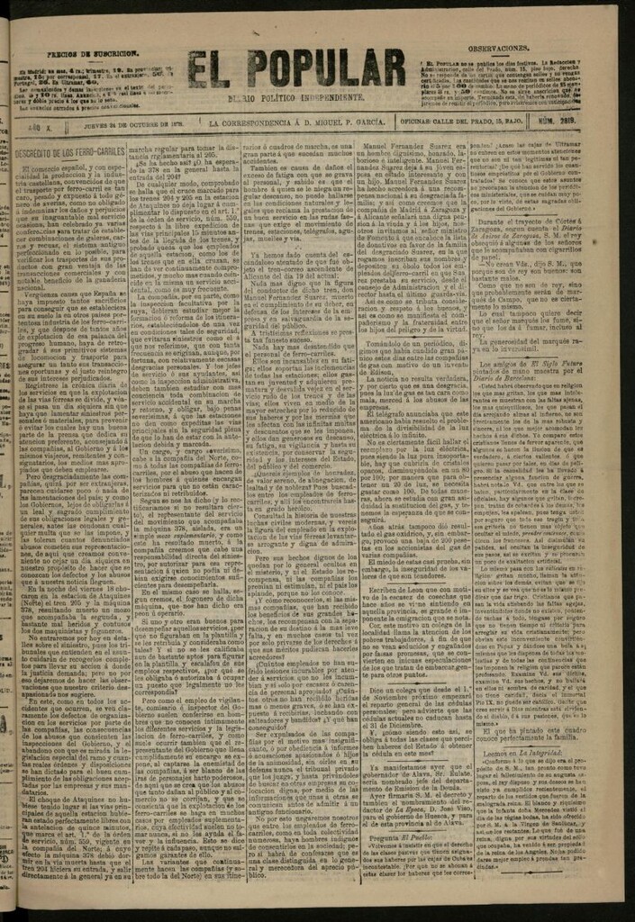 Miniatura de El Popular: diario independiente, político, literario y de noticias de interés general del 24 de octubre de 1878, nº 2819