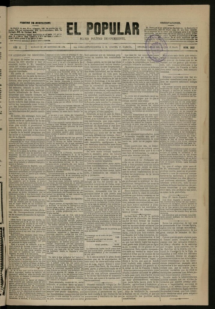 Miniatura de El Popular: diario independiente, político, literario y de noticias de interés general del 26 de octubre de 1878, nº 2821
