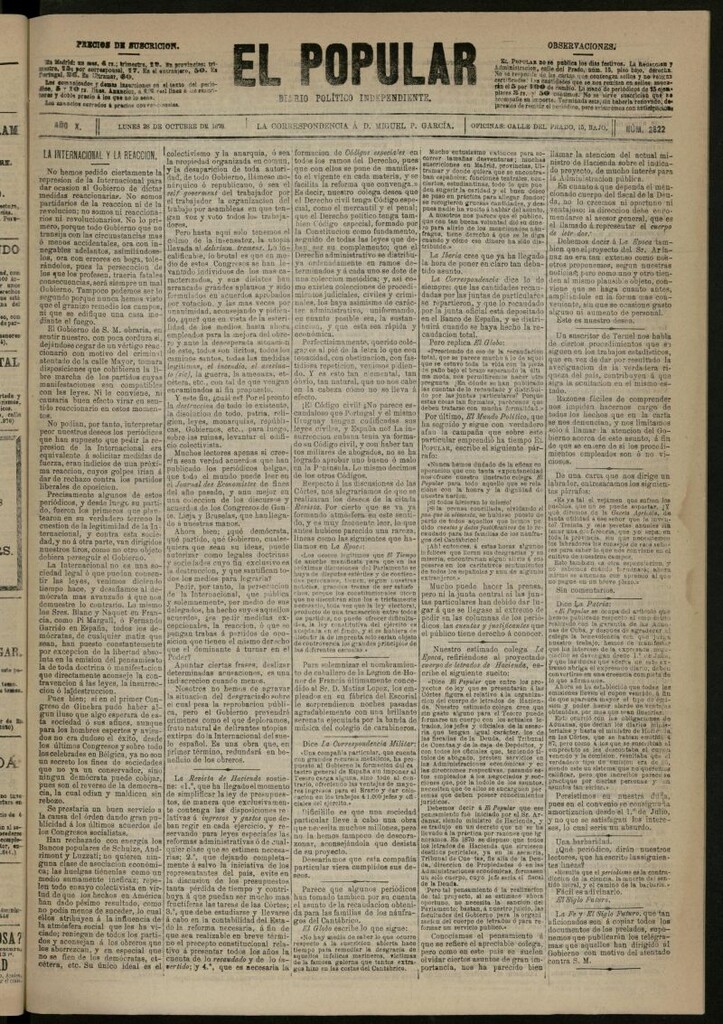Miniatura de El Popular: diario independiente, político, literario y de noticias de interés general del 28 de octubre de 1878, nº 2822