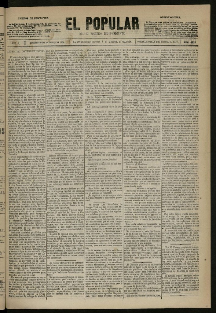 Miniatura de El Popular: diario independiente, político, literario y de noticias de interés general del 29 de octubre de 1878, nº 2823