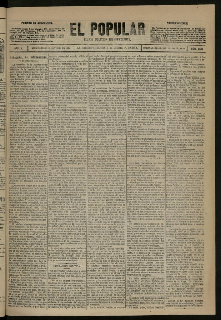 Miniatura de El Popular: diario independiente, político, literario y de noticias de interés general del 30 de octubre de 1878, nº 2824