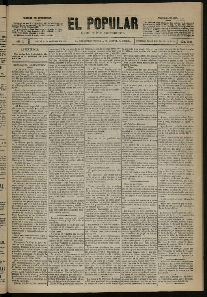 Miniatura de El Popular: diario independiente, político, literario y de noticias de interés general del 31 de octubre de 1878, nº 2825