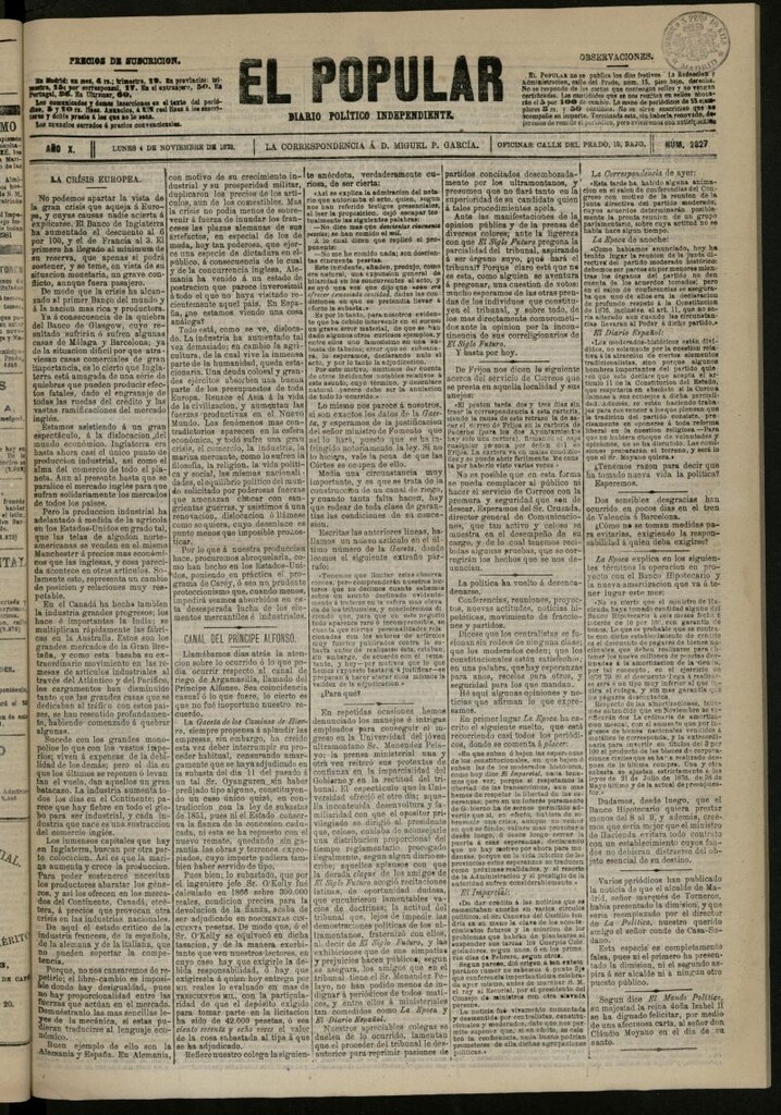 Miniatura de El Popular: diario independiente, político, literario y de noticias de interés general del 4 de noviembre de 1878, nº 2827