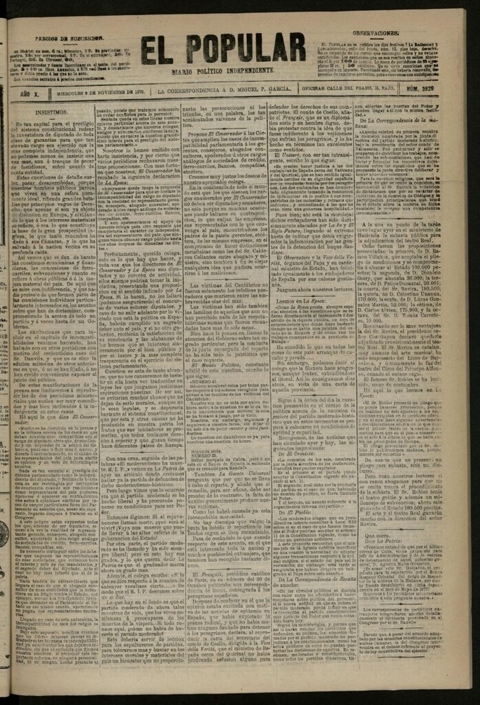 Miniatura de El Popular: diario independiente, político, literario y de noticias de interés general del 6 de noviembre de 1878, nº 2829