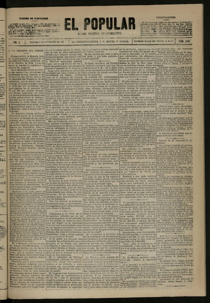 Miniatura de El Popular: diario independiente, político, literario y de noticias de interés general del 8 de noviembre de 1878, nº 2831