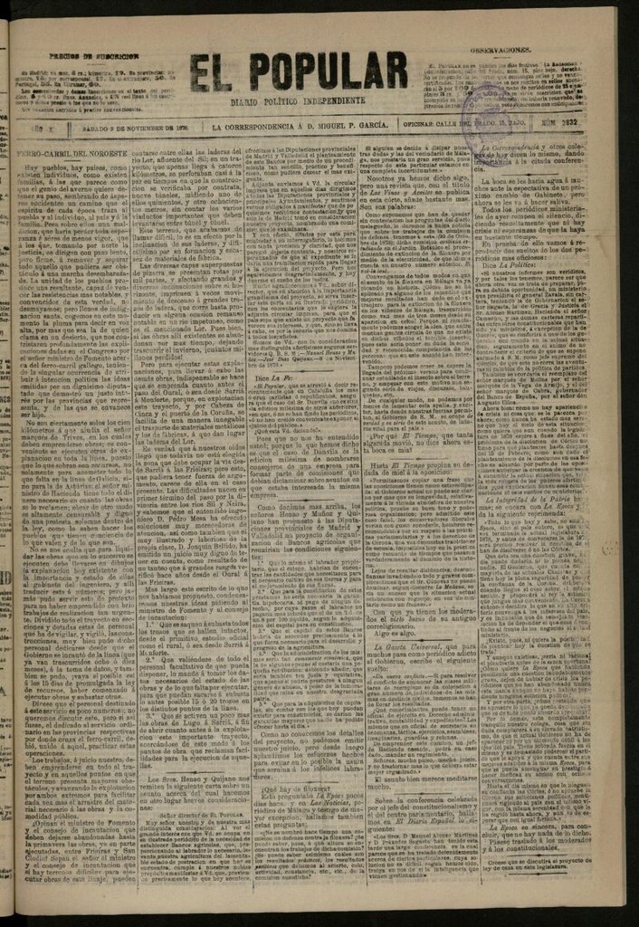 Miniatura de El Popular: diario independiente, político, literario y de noticias de interés general del 9 de noviembre de 1878, nº 2832