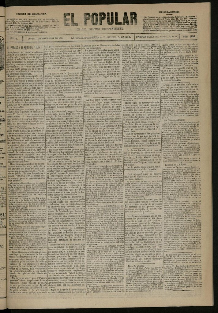 Miniatura de El Popular: diario independiente, político, literario y de noticias de interés general del 11 de noviembre de 1878, nº 2833