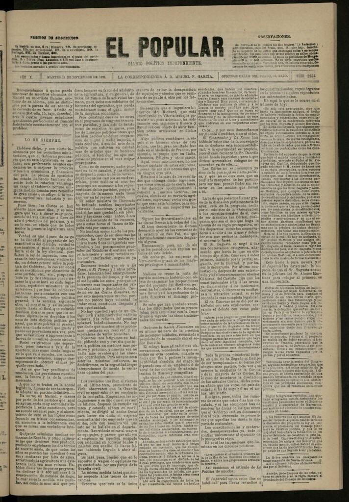 Miniatura de El Popular: diario independiente, político, literario y de noticias de interés general del 12 de noviembre de 1878, nº 2834