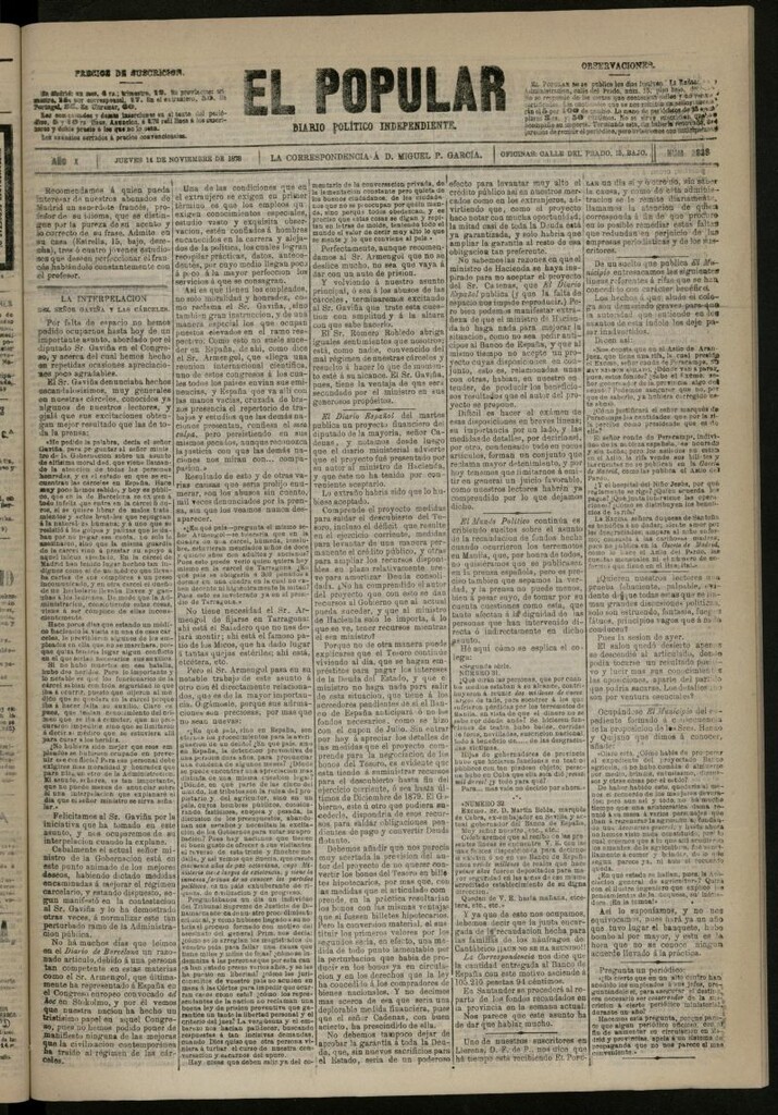 Miniatura de El Popular: diario independiente, político, literario y de noticias de interés general del 14 de noviembre de 1878, nº 2836