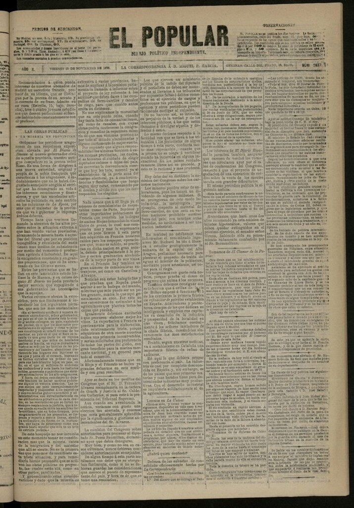 Miniatura de El Popular: diario independiente, político, literario y de noticias de interés general del 15 de noviembre de 1878, nº 2837