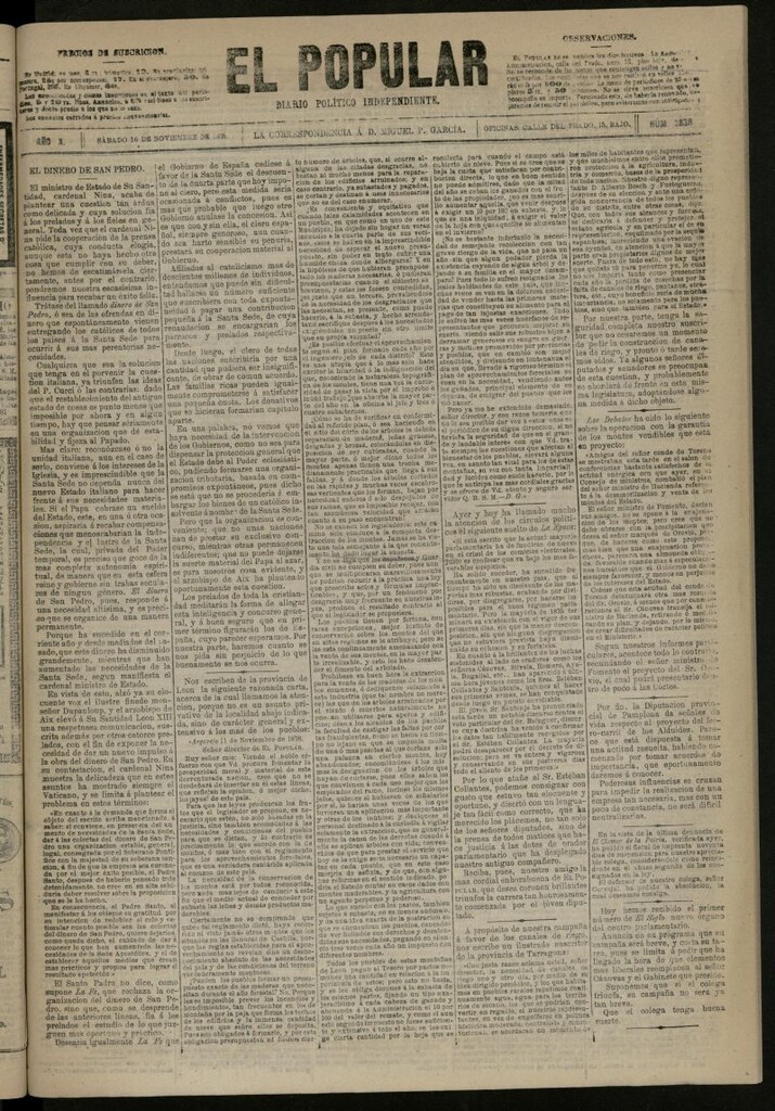 Miniatura de El Popular: diario independiente, político, literario y de noticias de interés general del 16 de noviembre de 1878, nº 2838