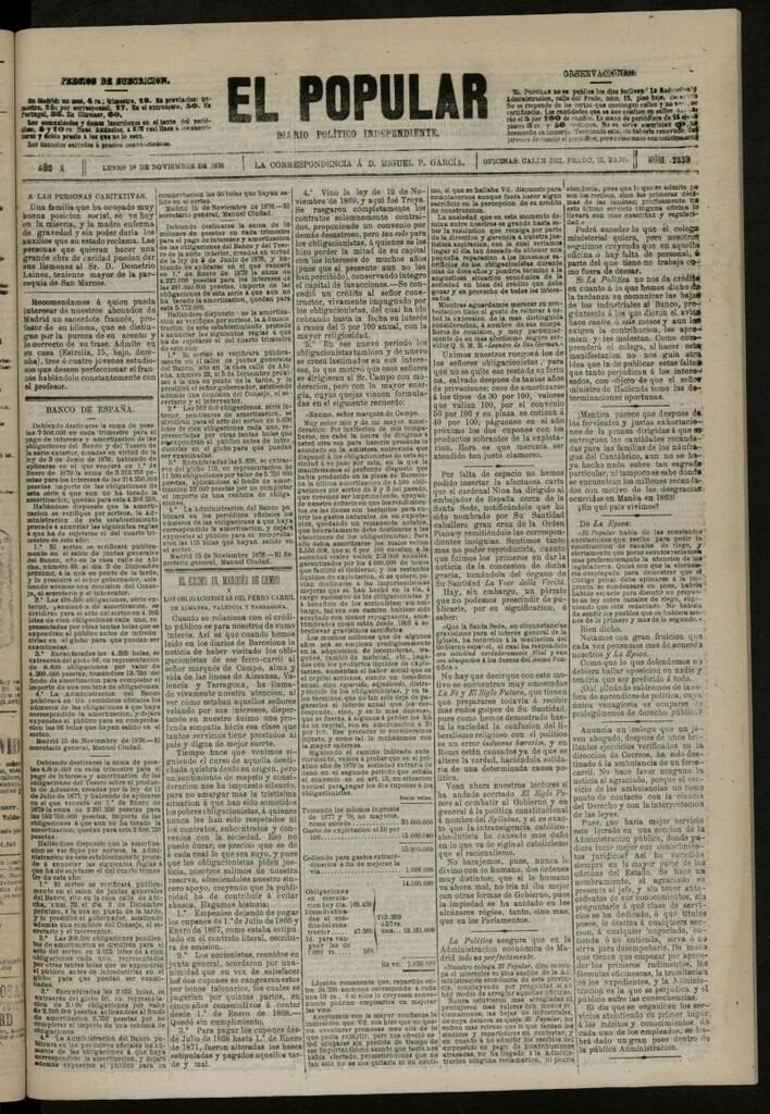 Miniatura de El Popular: diario independiente, político, literario y de noticias de interés general del 18 de noviembre de 1878, nº 2839