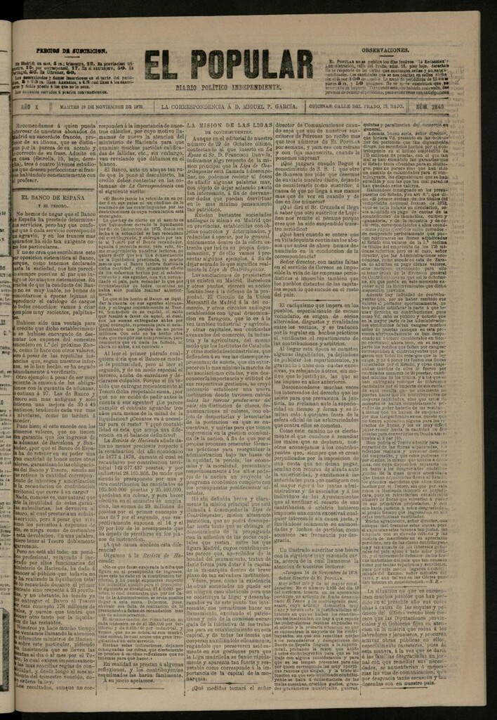 Miniatura de El Popular: diario independiente, político, literario y de noticias de interés general del 19 de noviembre de 1878, nº 2840