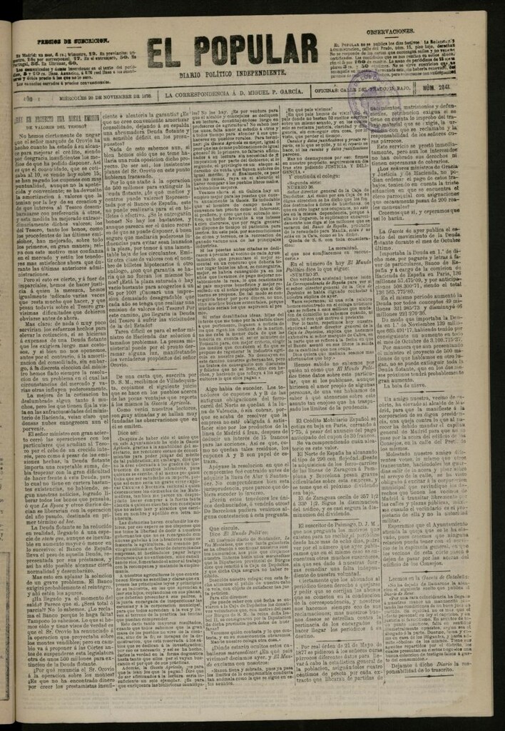 Miniatura de El Popular: diario independiente, político, literario y de noticias de interés general del 20 de noviembre de 1878, nº 2841